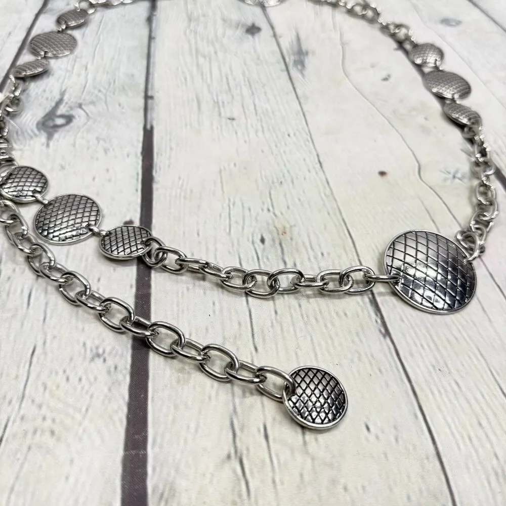 Vintage Silver Tone Medallion Chain Belt Large Adjustable Y2K Disco Waist Hip
